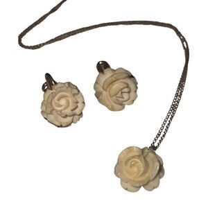 Matching Antique 12k Gold Filled Ivory Rose Flower Earrings & Necklace Set